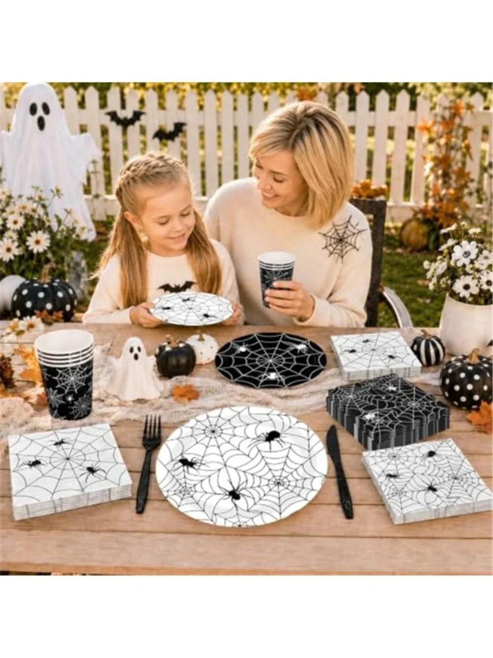 144 Pcs Halloween Plates and Napkins Set, Spider Web Tableware, Serves 24